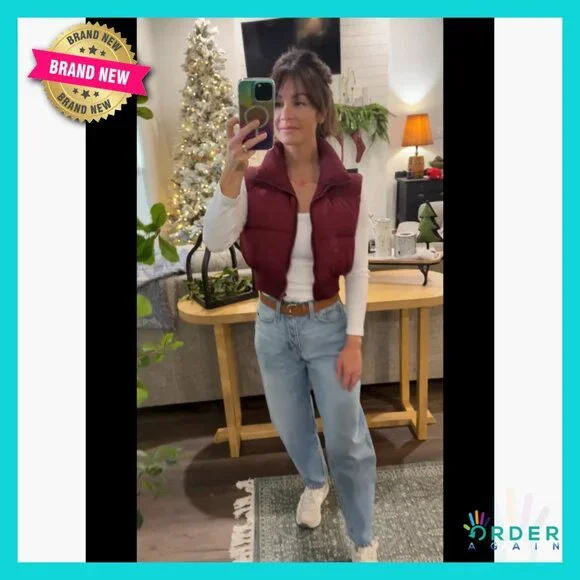 Cropped Puffer Vest Lightweight Quilted Sleeveless Jacket Chic Winter Outerwear - Picture 7 of 7